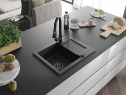 Mexen Enzo granitový drez 1-komorový s odkvapkávačom a kuchynskou batériou Elia, čierny/zlatý metalik - 6506-75-670101-70-B