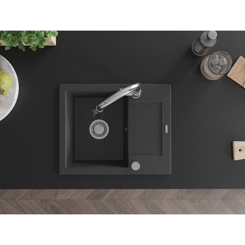 Mexen Enzo jednokomorový žulový drez s odkvapkávačom a kuchynskou batériou Elia, čierny s bodkami - 6506-76-670101-00