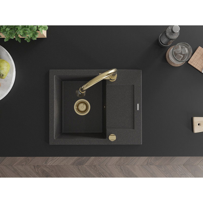 Mexen Enzo žulový drez s 1 komorou a odkvapkávačom a kuchynská batéria Elia, čierny bodkovaný - 6506-76-670101-50