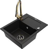 Mexen Enzo žulový drez 1-komorový s odkvapkávačom a kuchynskou batériou Elia, čierny - 6506-77-670101-50-B