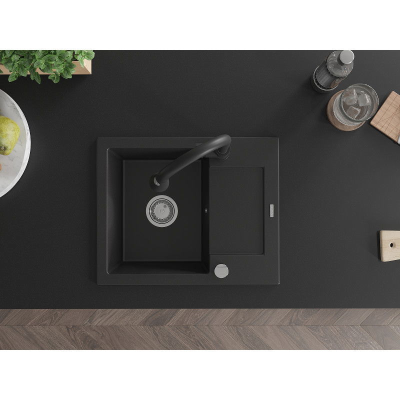 Mexen Enzo granitový kuchynský drez 1-komorový s odkvapkávačom a kuchynskou batériou Elia, čierny - 6506-77-670101-70