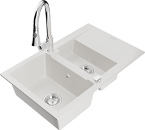 Mexen Gaspar granitový drez s 1,5 komorami, s odkvapkávačom a kuchynskou batériou Elia, biely - 6507-20-670101-00