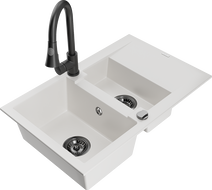 Mexen Gaspar žulový kuchynský drez 1,5-komorový s odkvapkávačom a kuchynskou batériou Elia, biela - 6507-20-670101-70