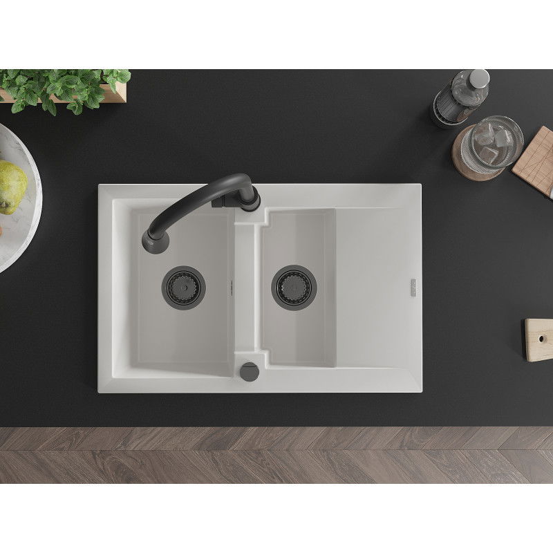 Mexen Gaspar žulový kuchynský drez 1,5-komorový s odkvapkávačom a kuchynskou batériou Elia, biela - 6507-20-670101-70