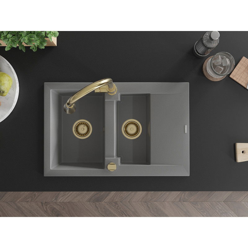 Mexen Gaspar žulový drez 1,5-komorový s odkvapkávačom a kuchynskou batériou Elia, sivý - 6507-71-670101-50