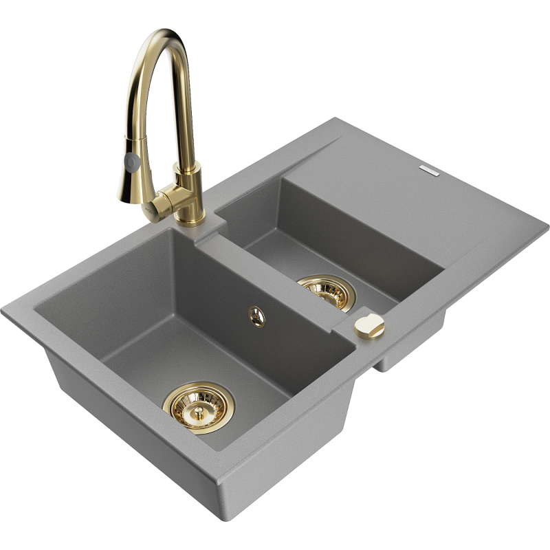 Mexen Gaspar žulový drez 1,5-komorový s odkvapkávačom a kuchynskou batériou Elia, sivý - 6507-71-670101-50