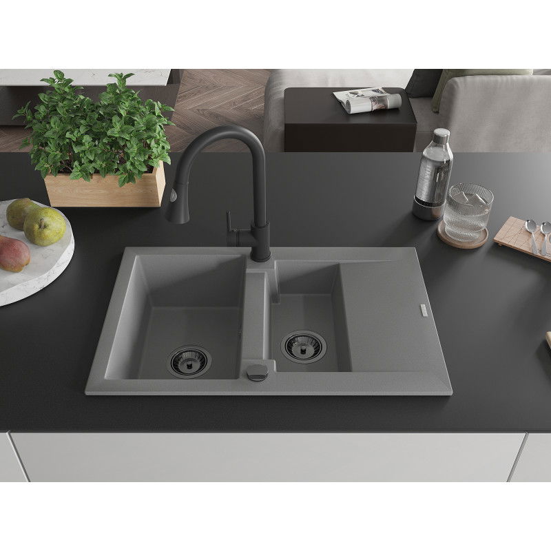 Mexen Gaspar granitový drez 1,5-komorový s odkvapkávačom a kuchynskou batériou Elia, šedý - 6507-71-670101-70-B