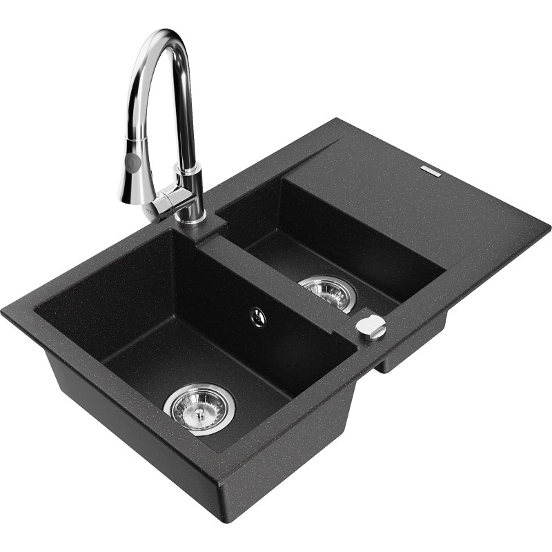Mexen Gaspar granitový drez 1,5-komorový s odkvapkávačom a kuchynskou batériou Elia, čierny/strieborný metalik