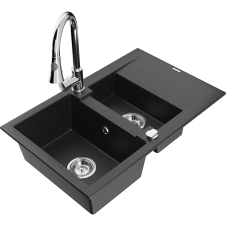 Mexen Gaspar granitový drez 1,5-komorový s odkvapkávačom a kuchynskou batériou Elia, čierny/strieborný metalik