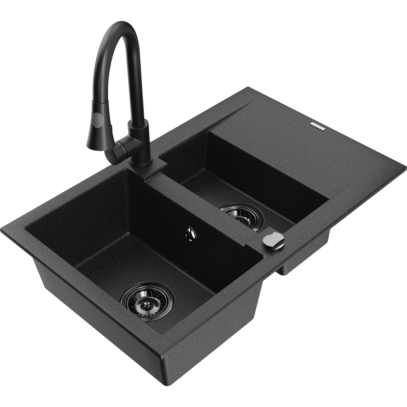 Mexen Gaspar granitový 1,5-komorový drez s odkvapkávačom a kuchynskou batériou Elia, čierny/strieborný
