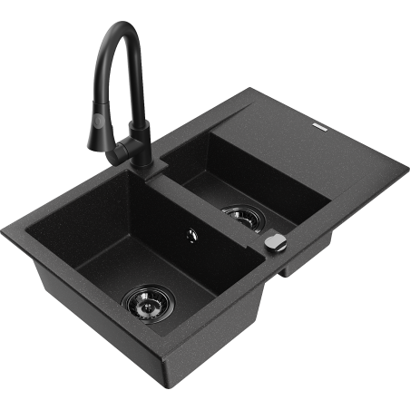 Mexen Gaspar granitový 1,5-komorový drez s odkvapkávačom a kuchynskou batériou Elia, čierny/strieborný