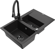 Mexen Gaspar granitový 1,5-komorový drez s odkvapkávačom a kuchynskou batériou Elia, čierny/strieborný