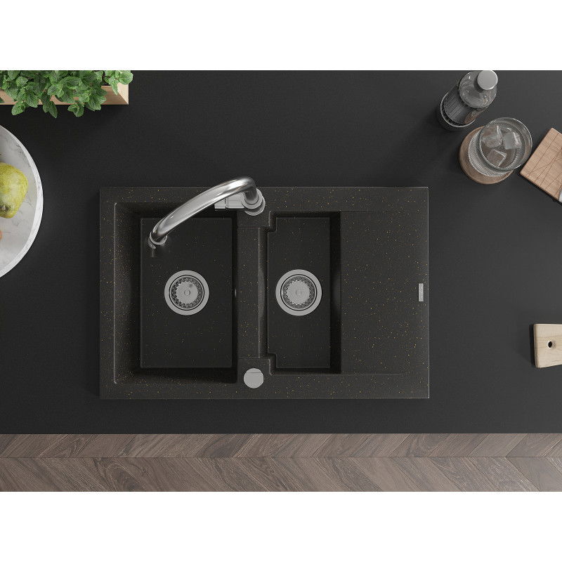 Mexen Gaspar žulový drez 1,5-komorový s odkvapkávačom a kuchynskou batériou Elia, čierny/zlatý metalík - 6507-75-670101-00