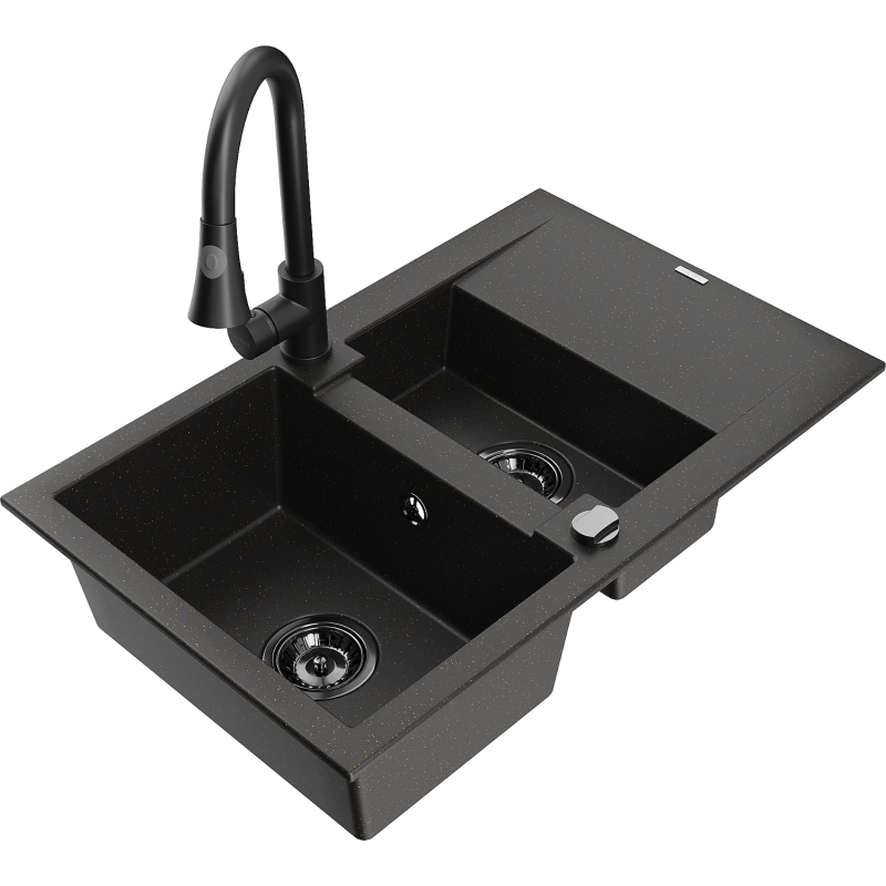 Mexen Gaspar granitový drez s 1,5 komorou, odkvapkávačom a kuchynskou batériou Elia, čierny/zlatý metalický