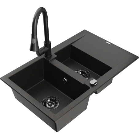 Mexen Gaspar granitový drez s 1,5 komorou, odkvapkávačom a kuchynskou batériou Elia, čierny/zlatý metalický
