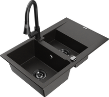 Mexen Gaspar granitový drez s 1,5 komorou, odkvapkávačom a kuchynskou batériou Elia, čierny/zlatý metalický