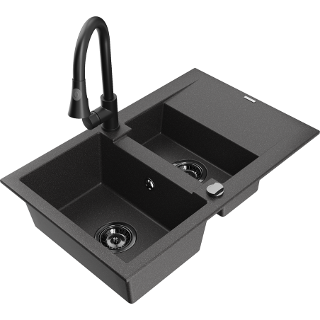Mexen Gaspar granitový drez 1,5-komorový s odkvapkávačom a kuchynskou batériou Elia, čierny škvrnitý