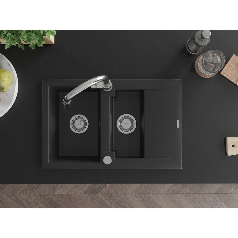 Mexen Gaspar granitový drez 1,5-komorový s odkvapkávačom a kuchynskou batériou Elia, čierny - 6507-77-670101-00