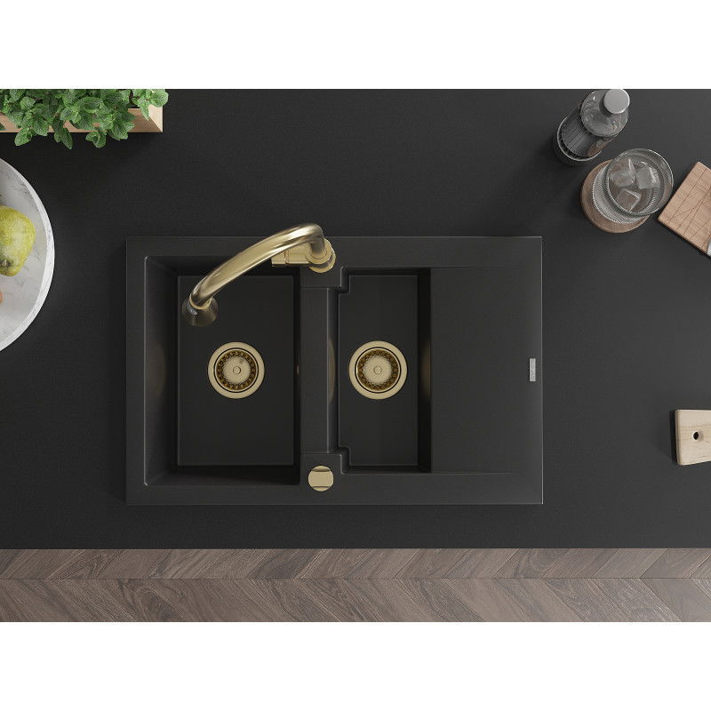 Mexen Gaspar granitový drez 1,5-komorový s odkvapkávacou plochou a kuchynskou batériou Elia, čierny - 6507-77-670101-50