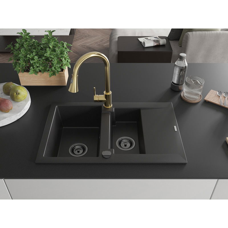 Mexen Gaspar žulový drez 1,5-komorový s odkvapkávacou plochou a kuchynskou batériou Elia, čierny - 6507-77-670101-50-B