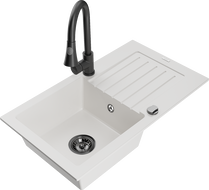 Mexen Pablo žulový drez 1-komorový s odkvapkávačom a kuchynskou batériou Elia, biela - 6510-20-670101-70