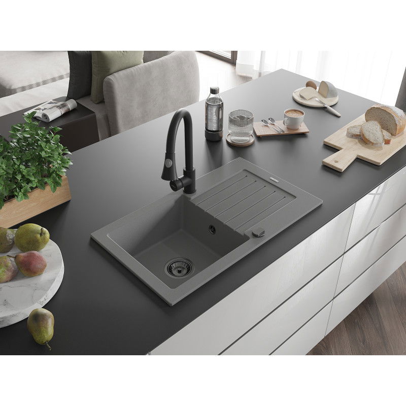 Mexen Pablo žulový drez s 1 komorou a odkvapkávačom a kuchynskou batériou Elia, sivý - 6510-71-670101-70-B