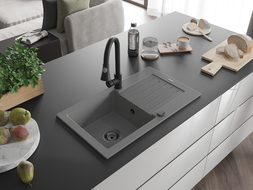 Mexen Pablo žulový drez s 1 komorou a odkvapkávačom a kuchynskou batériou Elia, sivý - 6510-71-670101-70-B