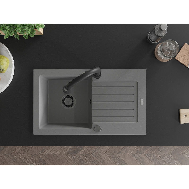 Mexen Pablo žulový drez s 1 komorou a odkvapkávačom a kuchynskou batériou Elia, sivý - 6510-71-670101-70-B