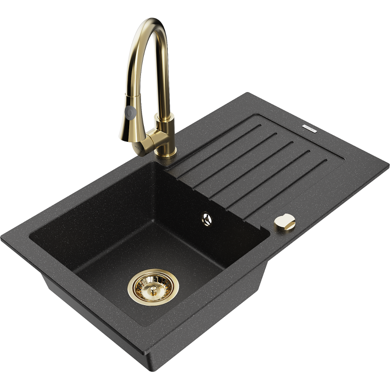 Mexen Pablo žulový kuchynský drez s 1 komorou a odkvapkávačom a kuchynskou batériou Elia, čierny/strieborný metalický