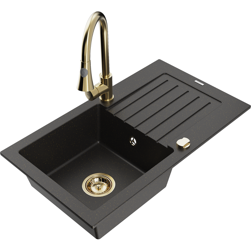 Mexen Pablo granitový drez s 1 komorou, odkvapkávačom a kuchynskou batériou Elia, čierny/zlatý metalik - 6510-75-670101-50