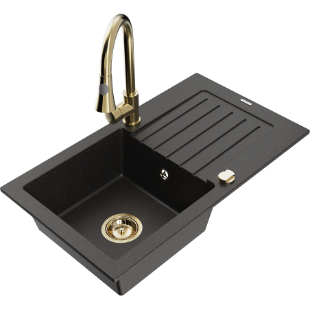 Mexen Pablo granitový drez s 1 komorou, odkvapkávačom a kuchynskou batériou Elia, čierny/zlatý metalik - 6510-75-670101-50