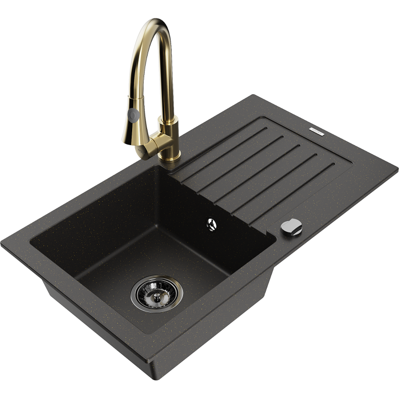 Mexen Pablo granitový kuchynský drez s 1 komorou s odkvapkávačom a kuchynskou batériou Elia, čierny/zlatý metalik