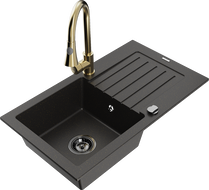 Mexen Pablo granitový kuchynský drez s 1 komorou s odkvapkávačom a kuchynskou batériou Elia, čierny/zlatý metalik