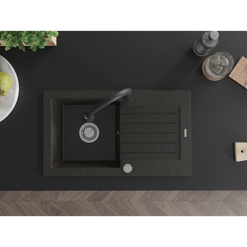 Mexen Pablo granitový drez s 1 komorou, odkvapkávačom a kuchynskou batériou Elia, čierny/zlatý metalik - 6510-75-670101-70