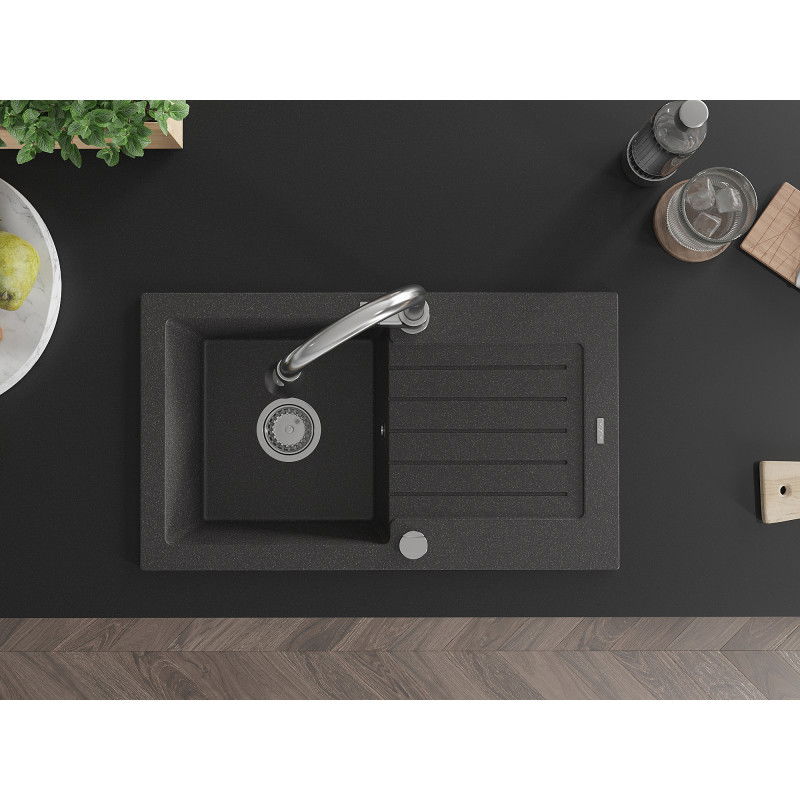 Mexen Pablo granitový kuchynský drez 1-komorový s odkvapom a kuchynskou batériou Elia, čierny bodkovaný - 6510-76-670101-00