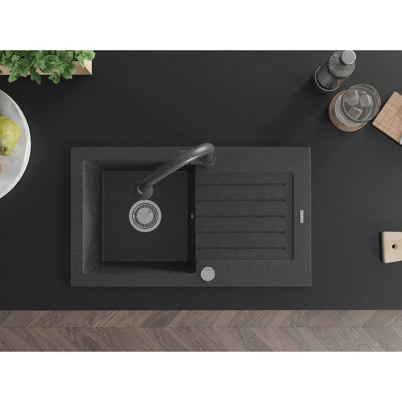 Mexen Pablo žulový drez 1-komorový s odkvapkávačom a kuchynskou batériou Elia, čierny s bodkami - 6510-76-670101-76