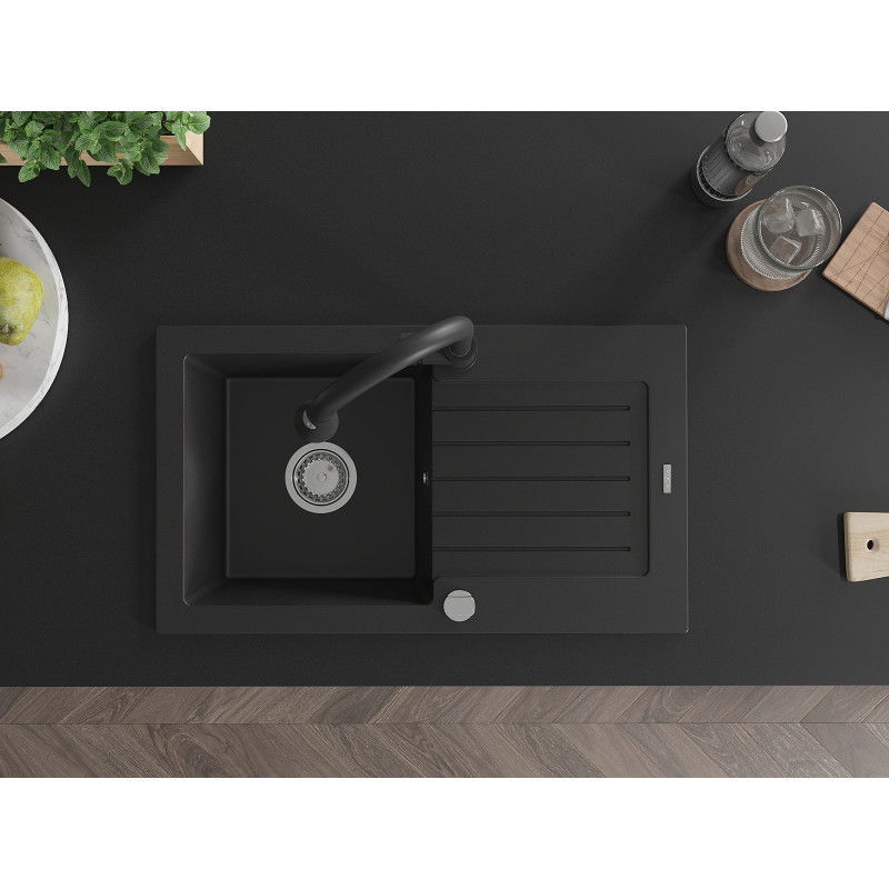 Mexen Pablo granitový kuchynský drez 1-komorový s odkvapkávačom a kuchynskou batériou Elia, čierny - 6510-77-670101-70