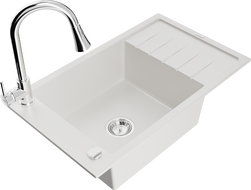 Mexen Elias žulový kuchynský drez 1-komorový s odkvapkávačom a kuchynskou batériou Elia, biely - 6511-20-670101-00