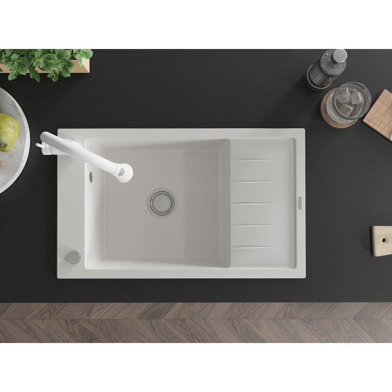 Mexen Elias granitový drez s 1 komorou, odkvapkávacou plochou a kuchynskou batériou Elia, biely - 6511-20-670101-20