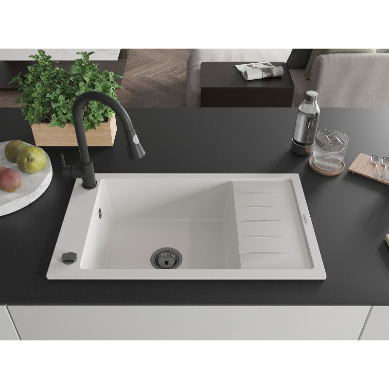 Mexen Elias žulový drez 1-komorový s odkvapkávačom a kuchynskou batériou Elia, biely - 6511-20-670101-70