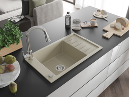 Mexen Elias granitový kuchynský drez 1-komorový s odkvapkávacou doskou a kuchynskou batériou Elia, béžový - 6511-69-670101-00