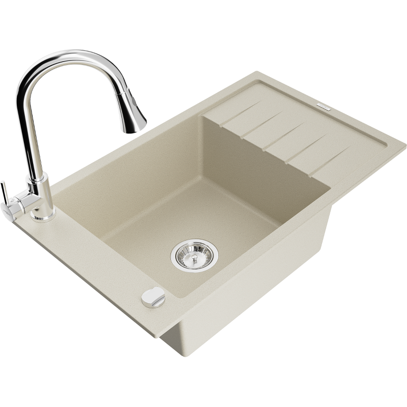 Mexen Elias granitový kuchynský drez 1-komorový s odkvapkávacou doskou a kuchynskou batériou Elia, béžový - 6511-69-670101-00