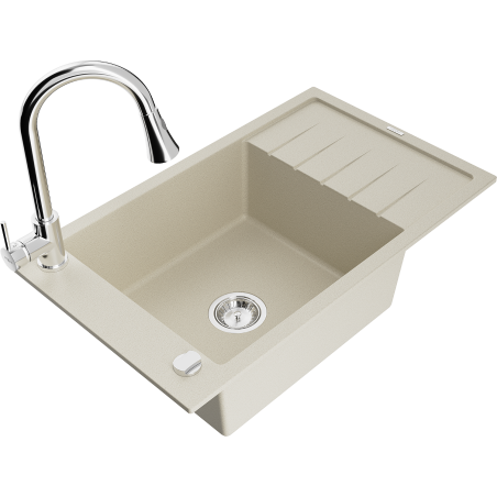 Mexen Elias granitový kuchynský drez 1-komorový s odkvapkávacou doskou a kuchynskou batériou Elia, béžový - 6511-69-670101-00