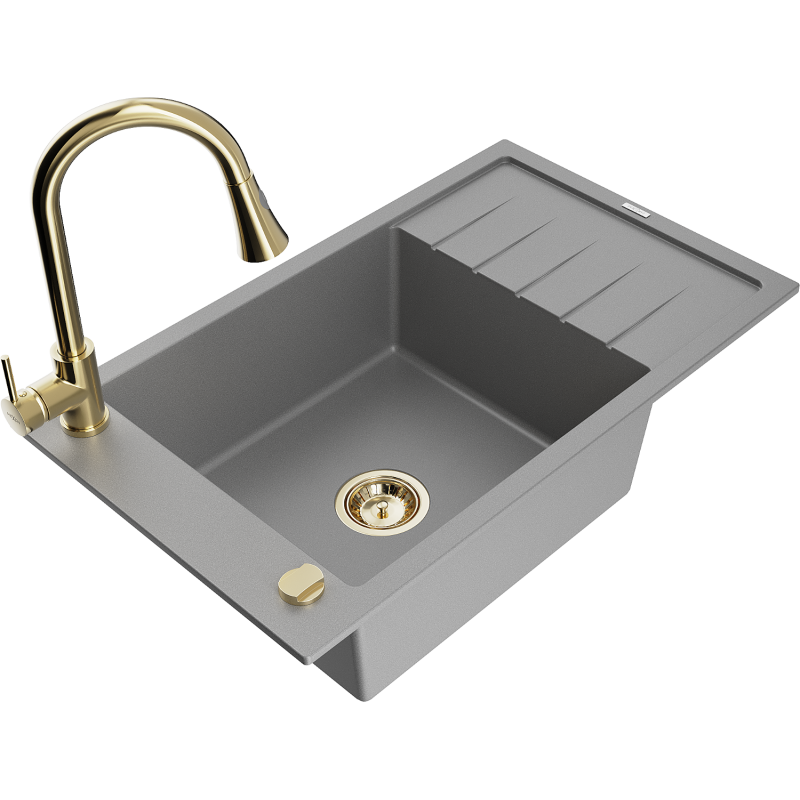 Mexen Elias granitový drez 1-komorový s odkvapkávačom a kuchynskou batériou Elia, sivý - 6511-71-670101-50