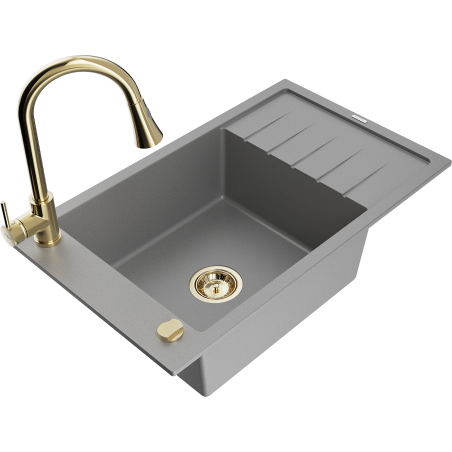 Mexen Elias granitový drez 1-komorový s odkvapkávačom a kuchynskou batériou Elia, sivý - 6511-71-670101-50