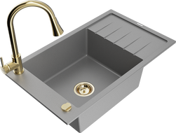 Mexen Elias granitový drez 1-komorový s odkvapkávačom a kuchynskou batériou Elia, sivý - 6511-71-670101-50