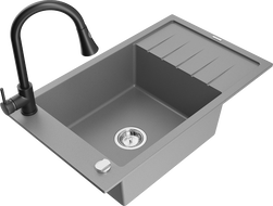 Mexen Elias žulový kuchynský drez s 1 preliačinou s odkvapkávačom a kuchynskou batériou Elia, sivý - 6511-71-670101-70
