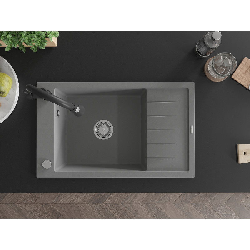 Mexen Elias žulový kuchynský drez s 1 preliačinou s odkvapkávačom a kuchynskou batériou Elia, sivý - 6511-71-670101-70