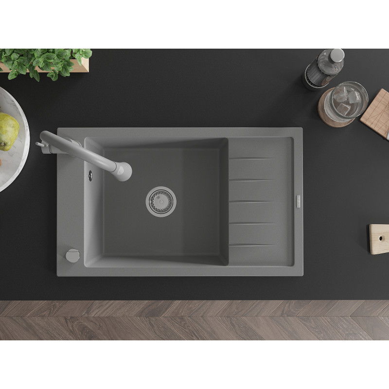 Mexen Elias žulový kuchynský drez s jednou komorou s odkokom a kuchynskou batériou Elia, sivý - 6511-71-670101-71