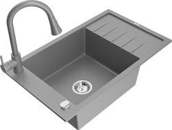 Mexen Elias žulový kuchynský drez s jednou komorou s odkokom a kuchynskou batériou Elia, sivý - 6511-71-670101-71